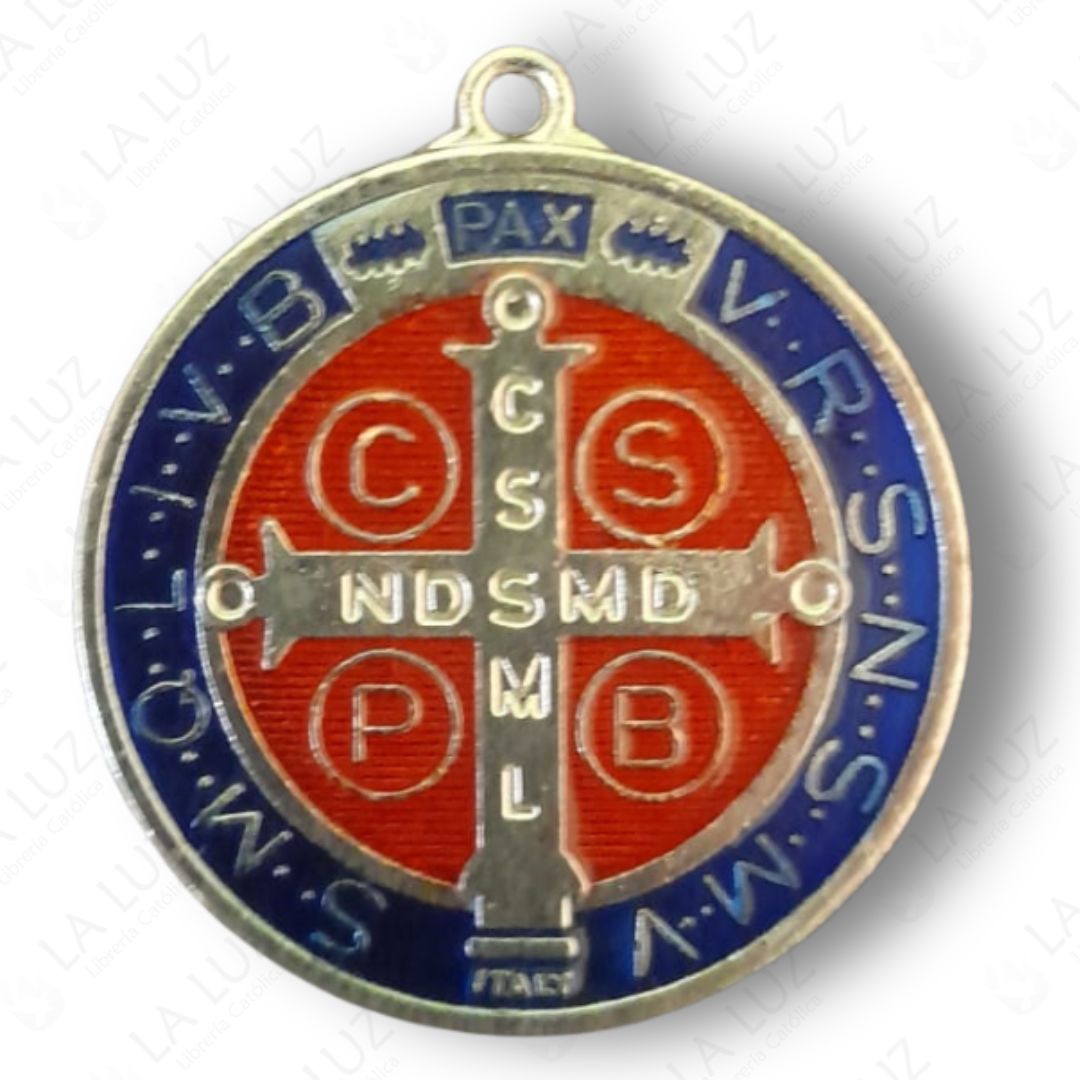 medalla-de-san-benito-chico-metal-plateado-redondo-azul-rojo-atras